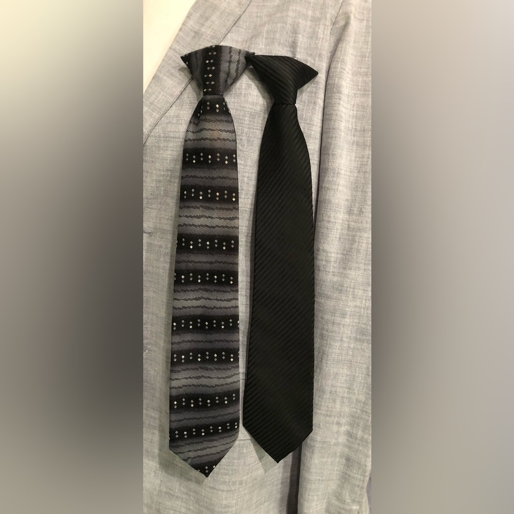 Boys Ties Clip On (2) 14.75” length. Black, Gray
